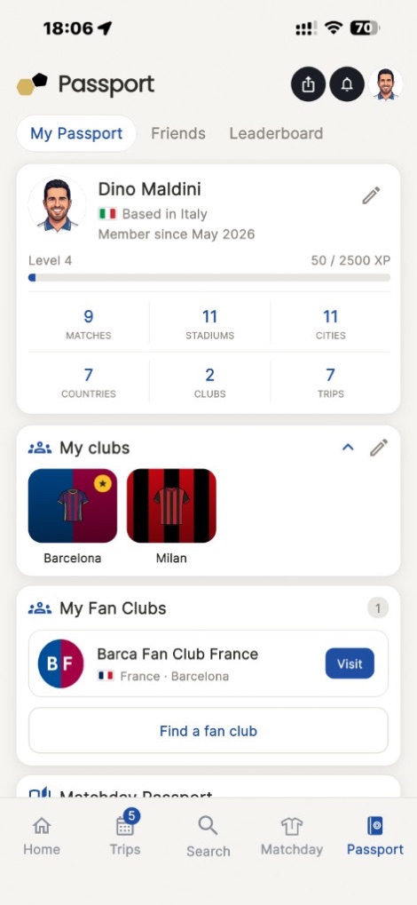 Your fan passport, clubs, and stamps